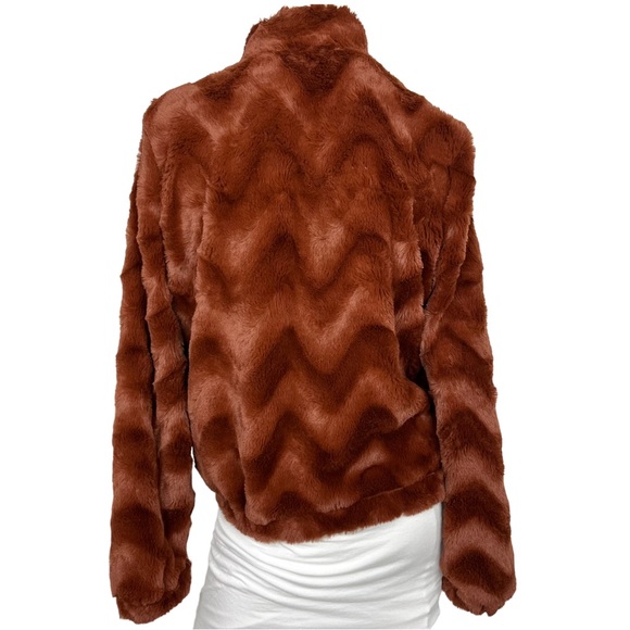 Faux Fur Bomber Jacket Chevron Brown High Neck Front Zip Size Medium - Picture 3 of 11